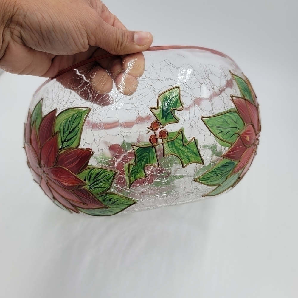 Celebration Pointsettia Mouthblown, Hand Painted, Cracked Glass 9" Salad Bowl - Picture 9 of 13